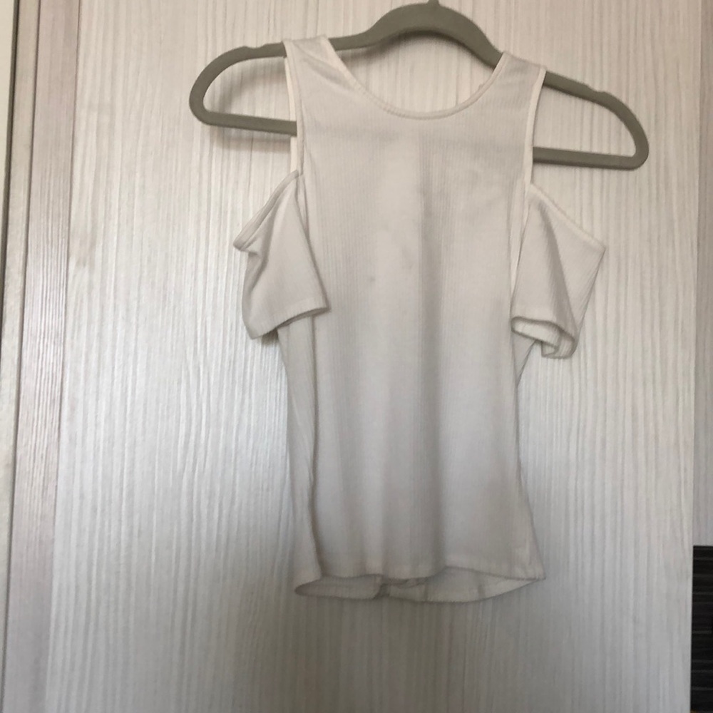White cold shoulder tank with lace up back.